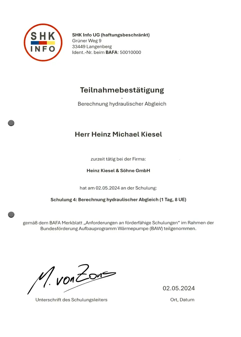 Zertifikat 1 von Heinz Kiesel und Söhne